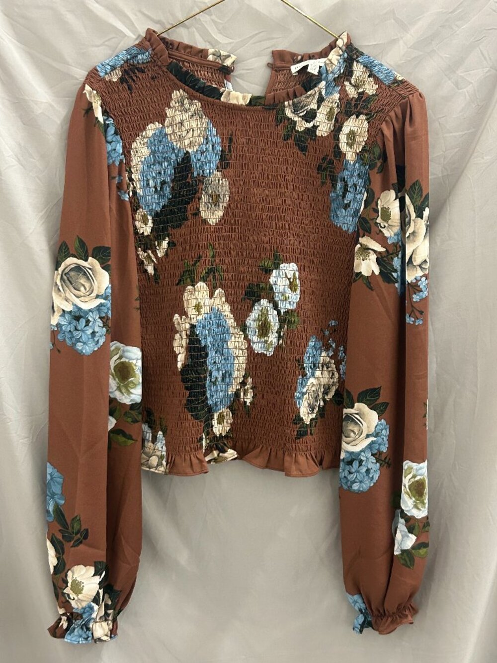 Maison d'Amelie Womens M Blouse Smocked Dark Floral Brown Puff Sleeve Bohemian